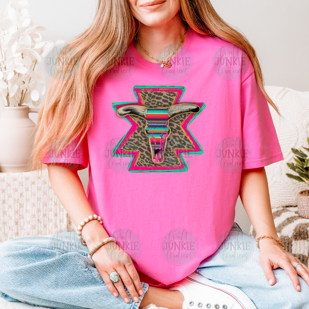 Leopard serape cow skull Tee