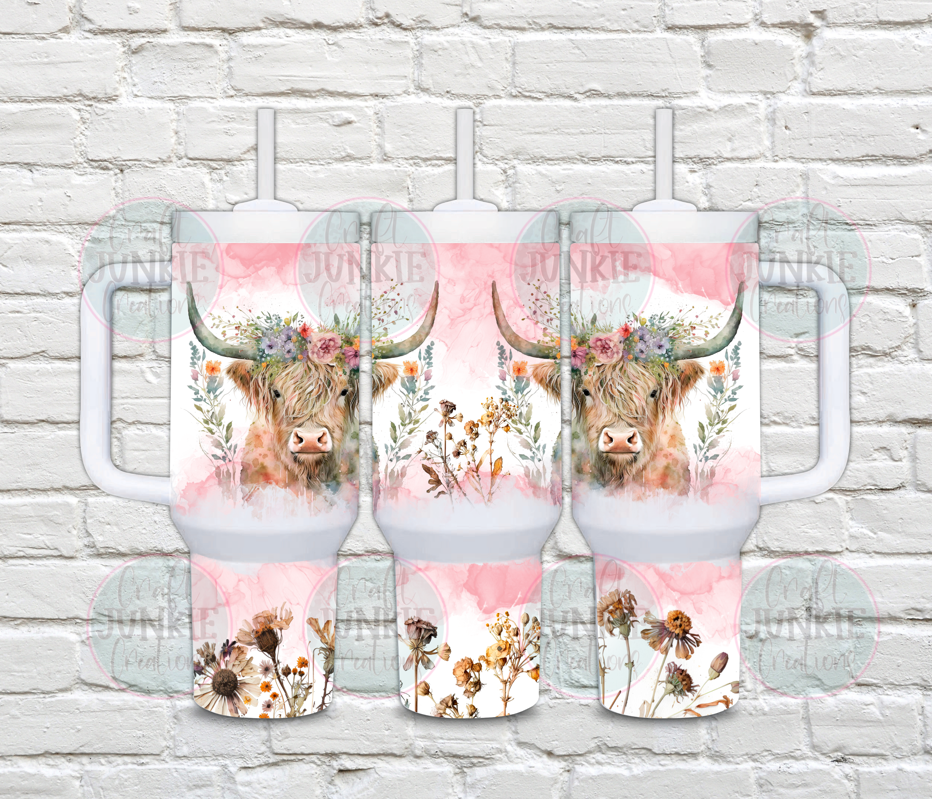 Highland cow pink floral 40 oz Tumbler